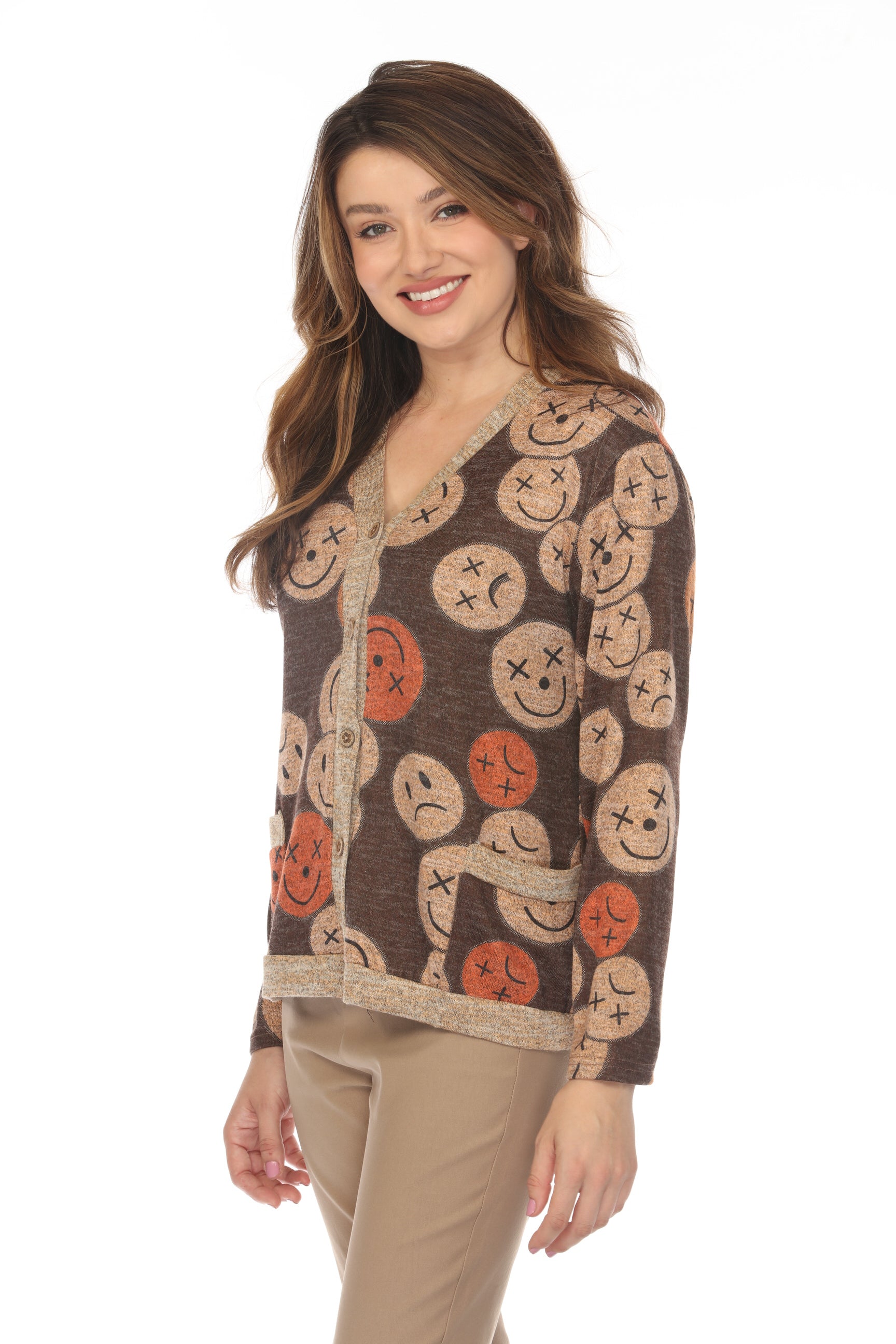 Smiley Face Print Button Up Sweater/ Cardigan