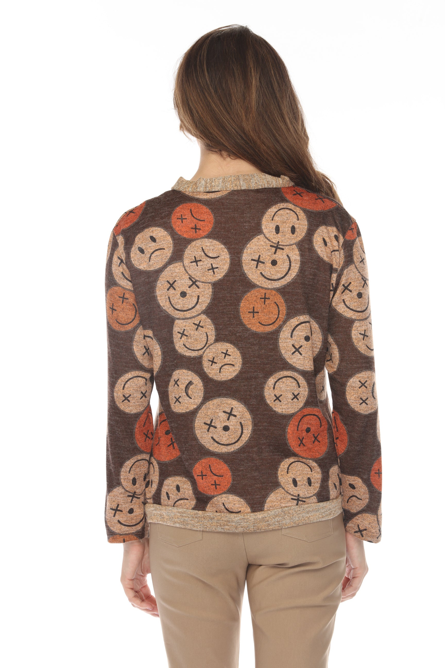 Smiley Face Print Button Up Sweater/ Cardigan