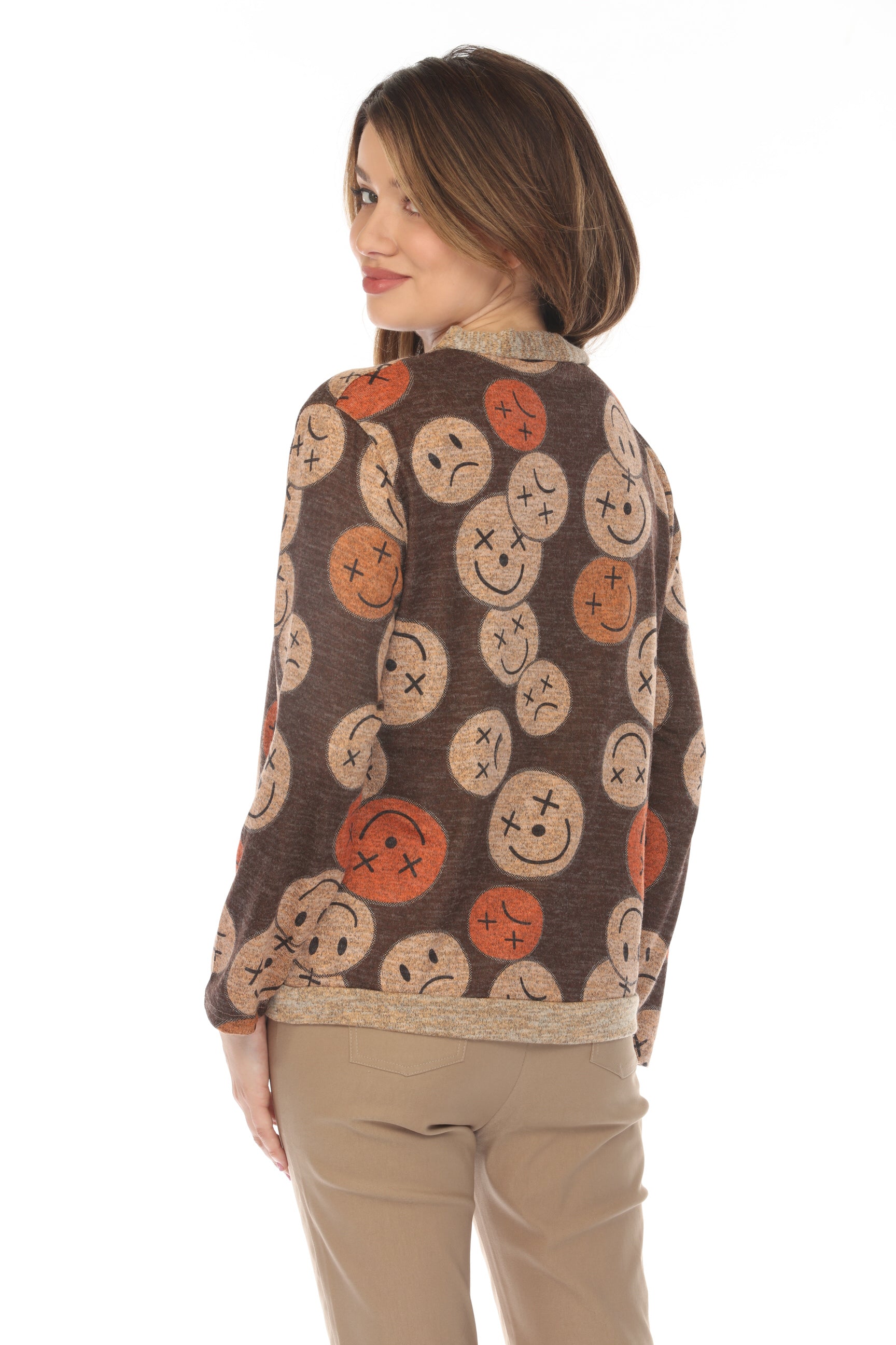 Smiley Face Print Button Up Sweater/ Cardigan