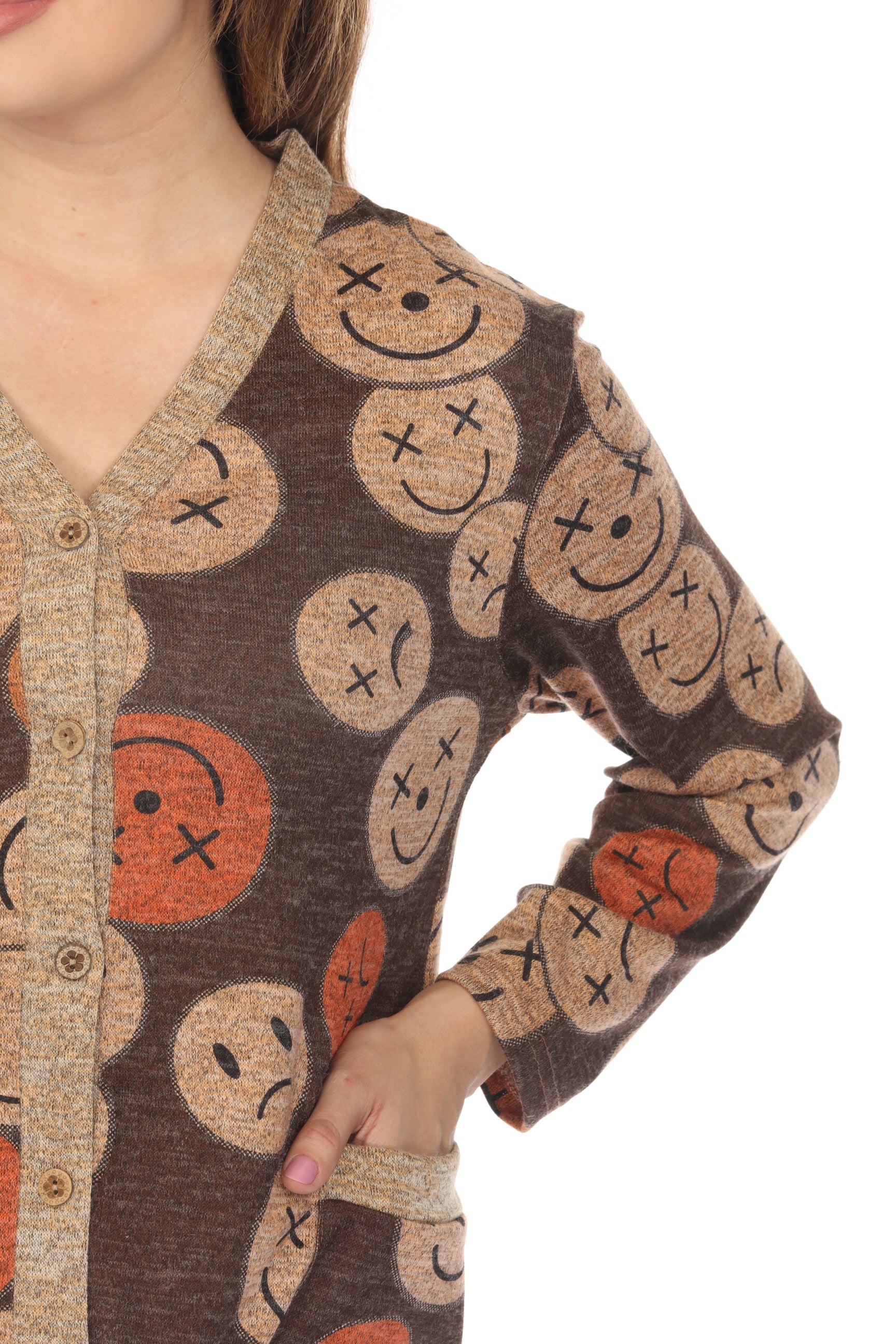 Smiley Face Print Button Up Sweater/ Cardigan