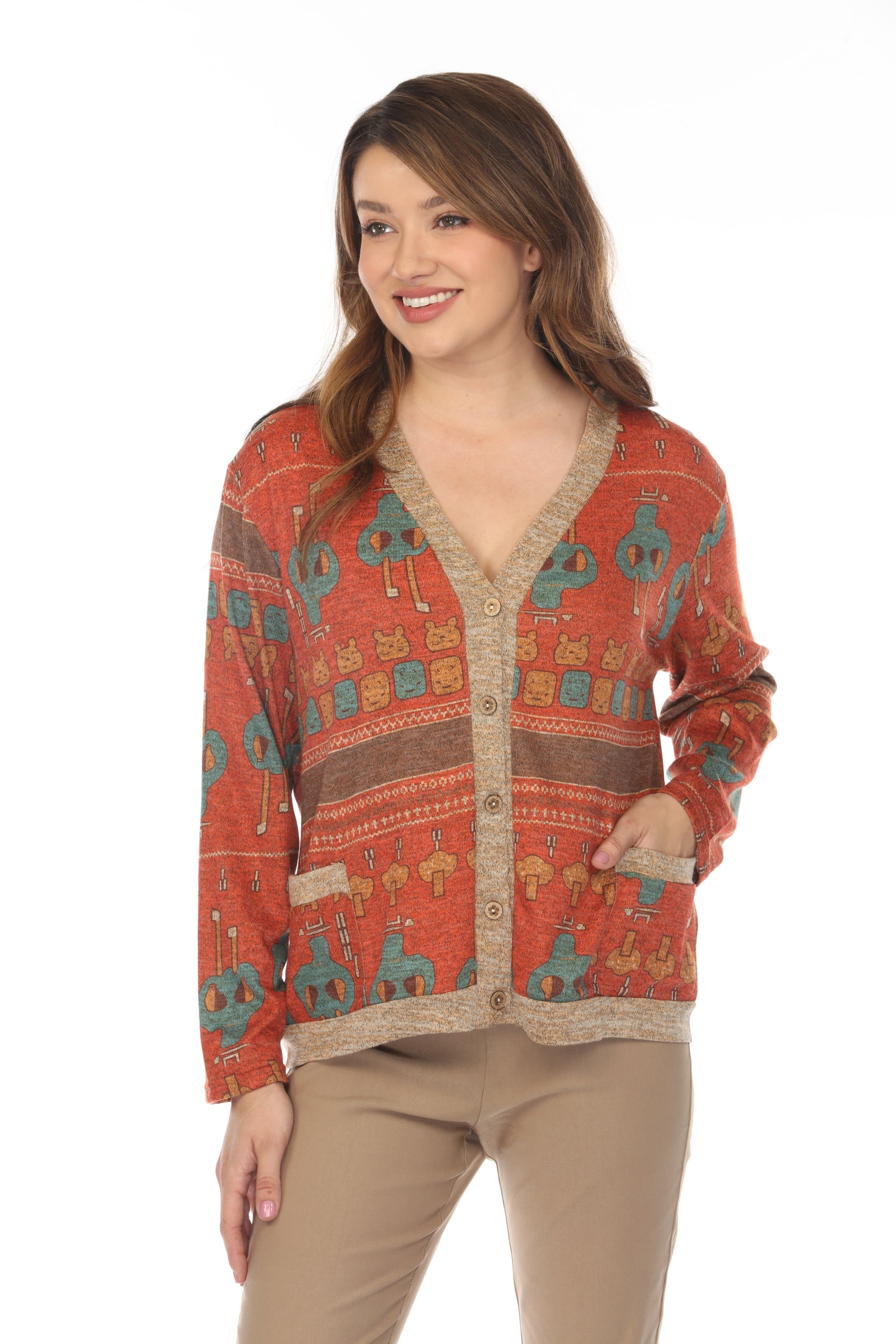 Coral Figure Print Button Up Light Sweater/ Cardigan