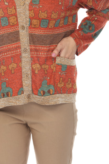 Coral Figure Print Button Up Light Sweater/ Cardigan