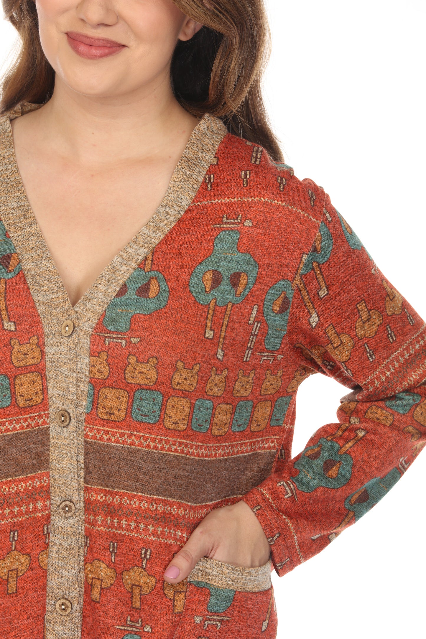 Coral Figure Print Button Up Light Sweater/ Cardigan