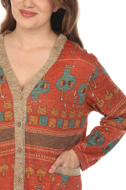 Coral Figure Print Button Up Light Sweater/ Cardigan
