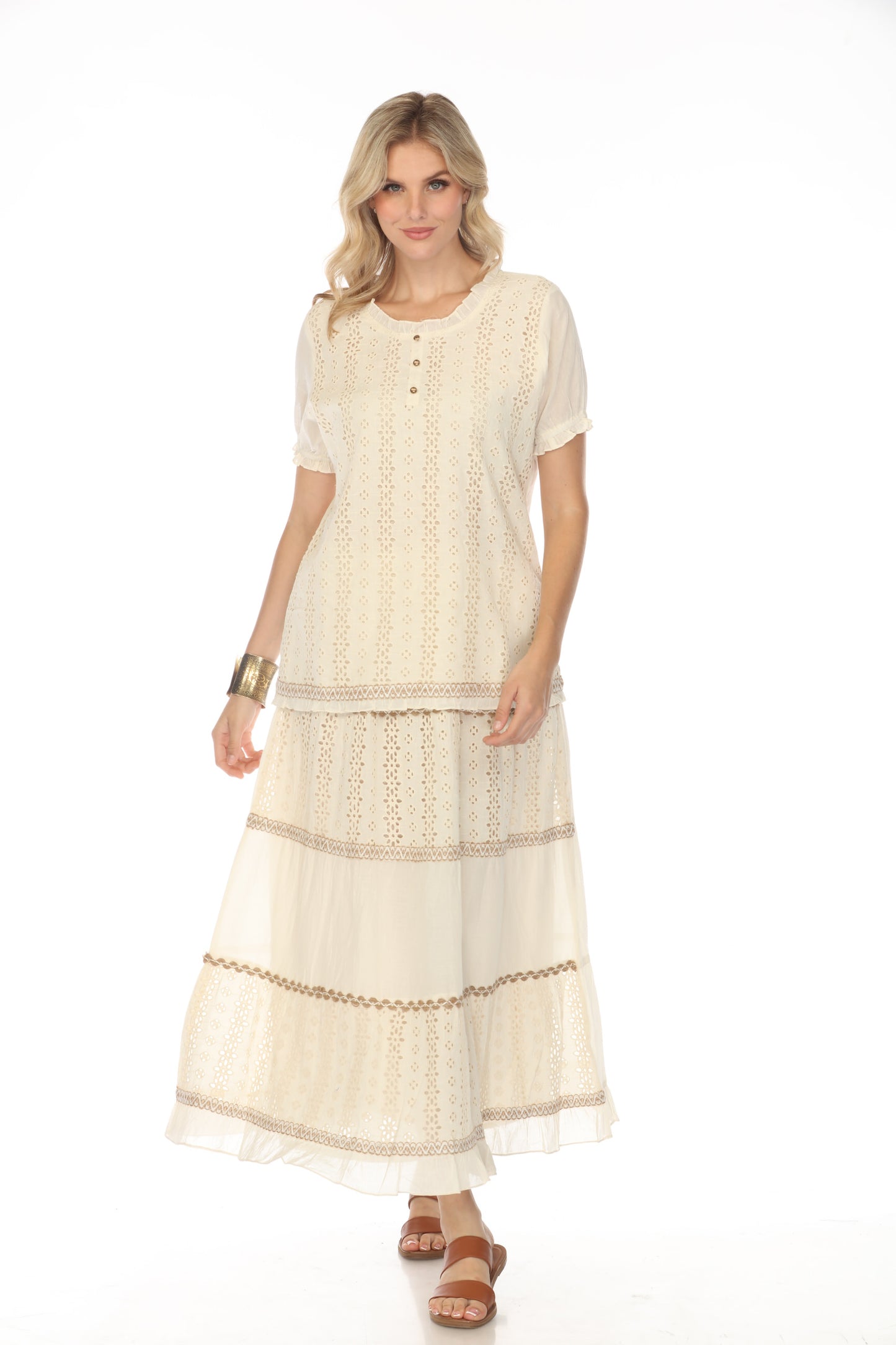 Taupe Self Printed Top With Sleeves