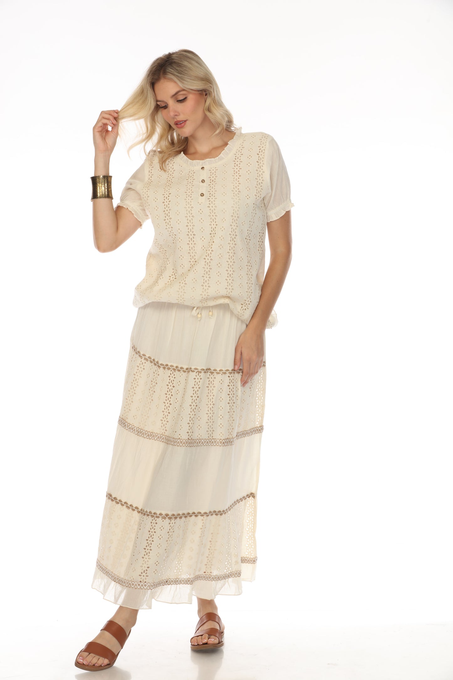 Taupe Self Printed Top With Sleeves