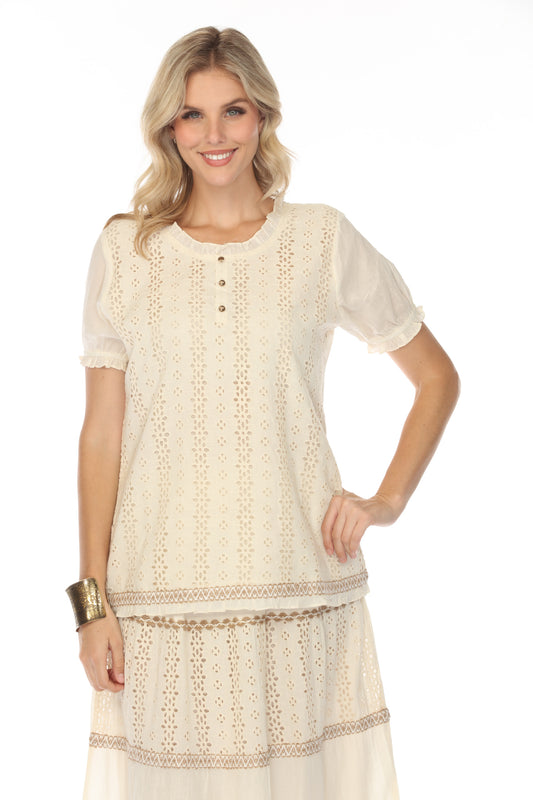 Taupe Self Printed Top With Sleeves