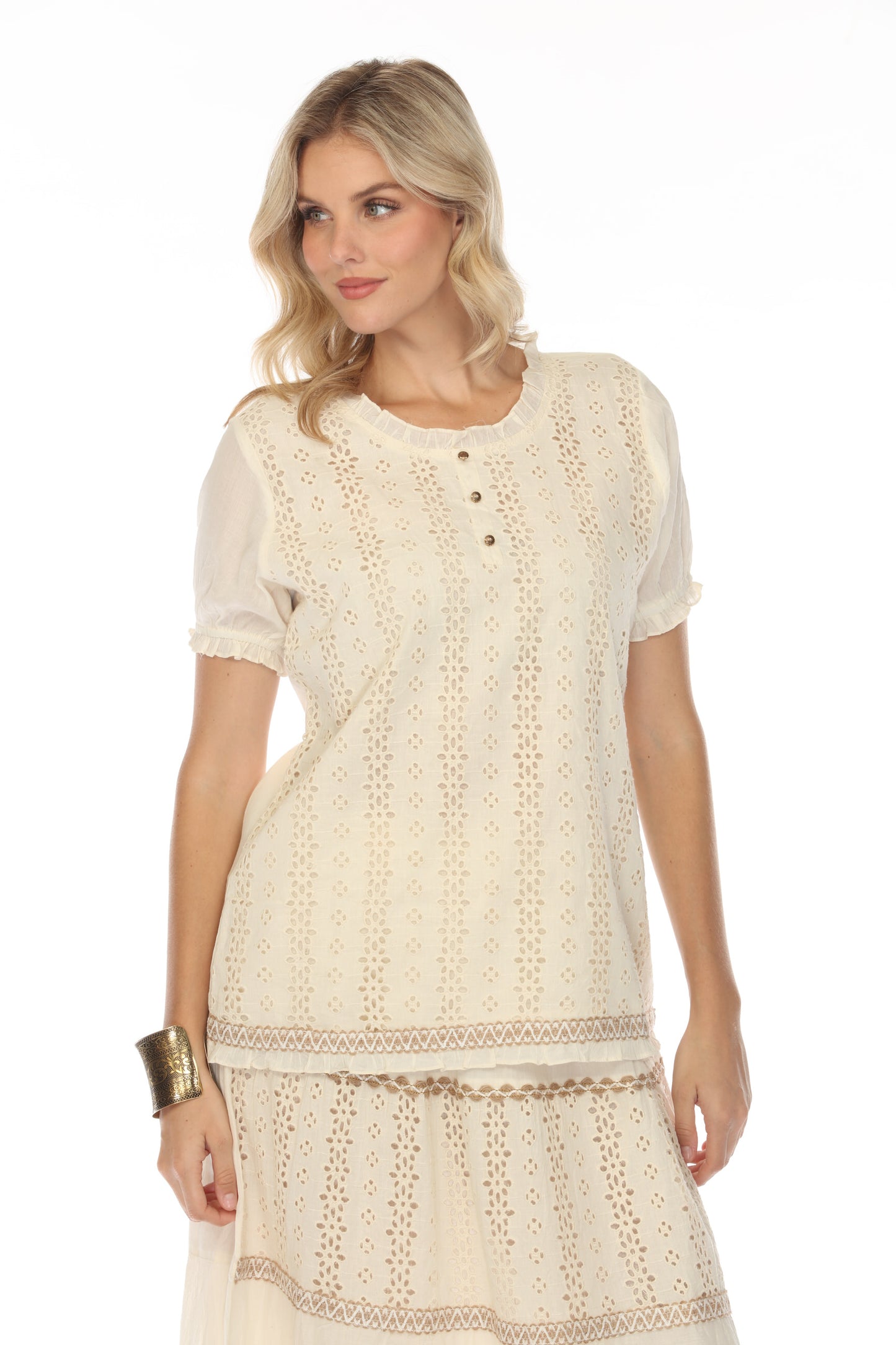 Taupe Self Printed Top With Sleeves