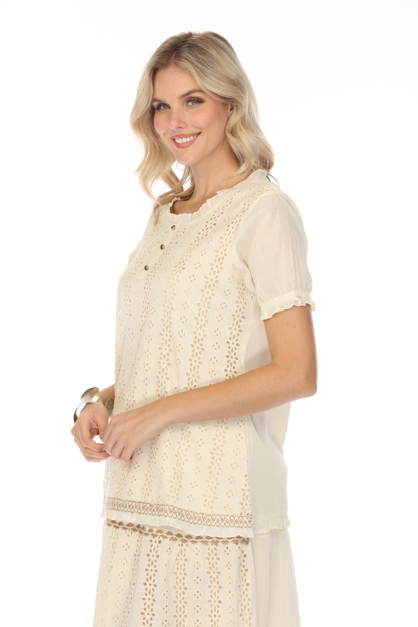 Taupe Self Printed Top With Sleeves