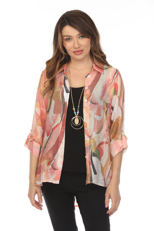 Coral Abstract Collared Shirt/Top