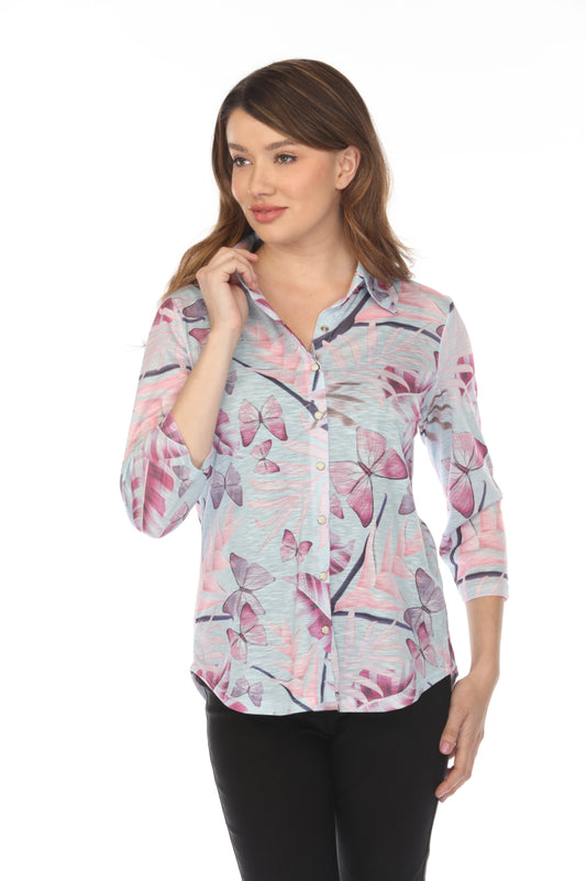 Butterfly Print Collared Top/Shirt