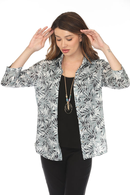 Olive Forest Leaf Print Collared Top/Shirt