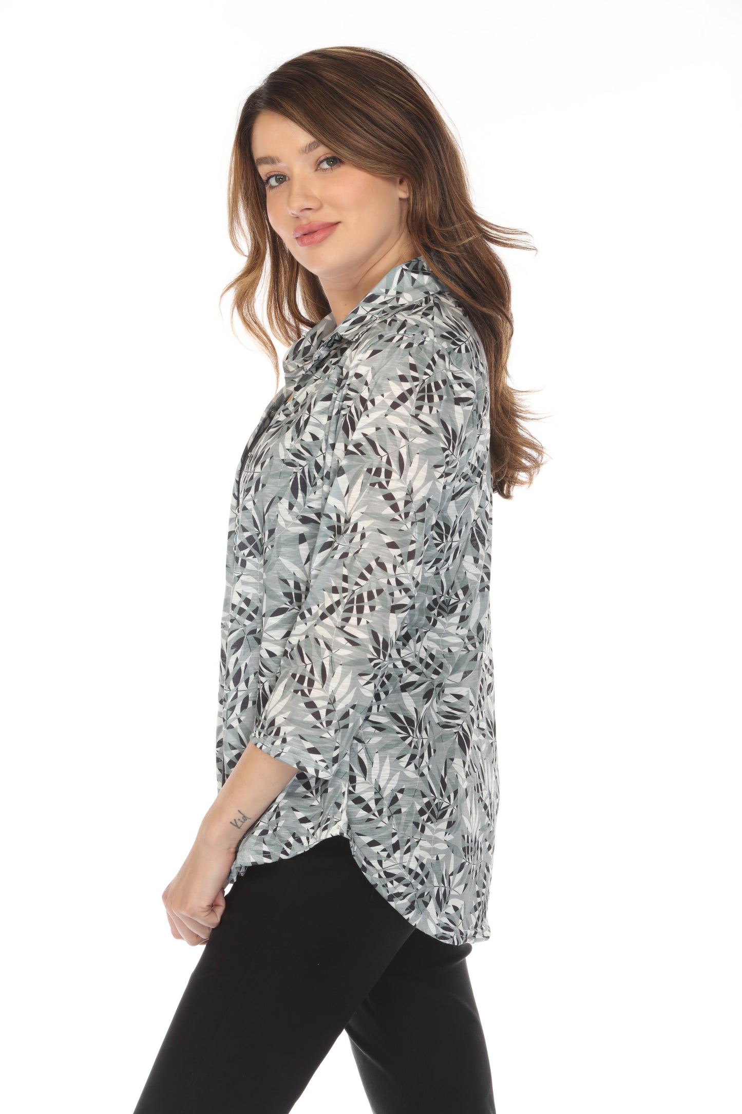 Olive Forest Leaf Print Collared Top/Shirt