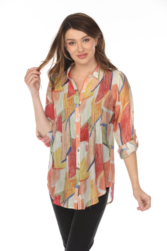 Beige Multi Roll Up Sleeves Top/Shirt