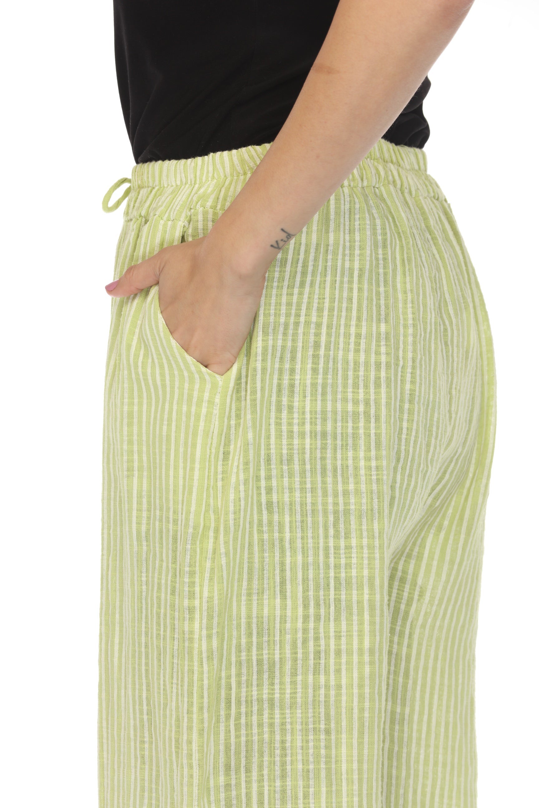 Lime Green Striped Drawstring Pant With Pockets