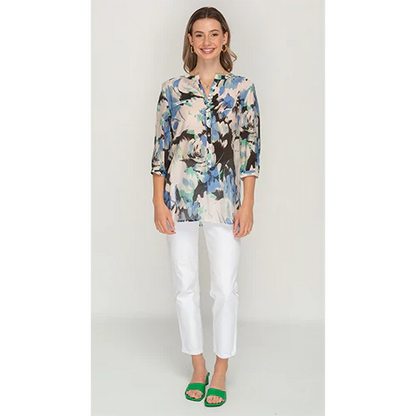 Blue Black Print Button Up Top