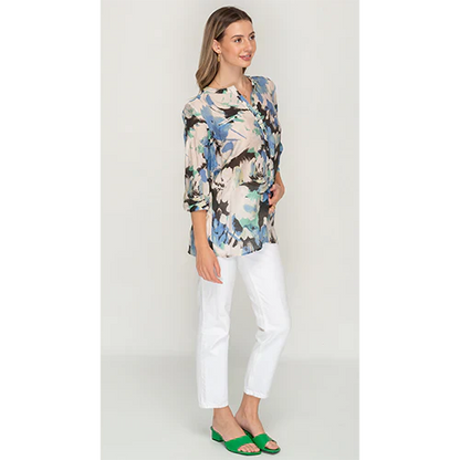 Blue Black Print Button Up Top