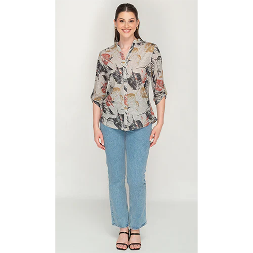 Grey Leaf Print Button Top with button Up Sleeves