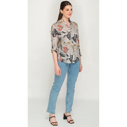 Grey Leaf Print Button Top with button Up Sleeves