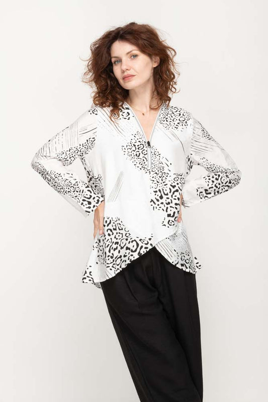White and Black Cheetah Print Zipper Top