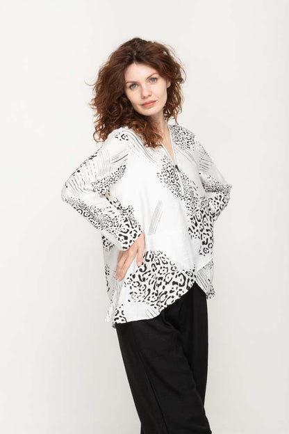 White and Black Cheetah Print Zipper Top