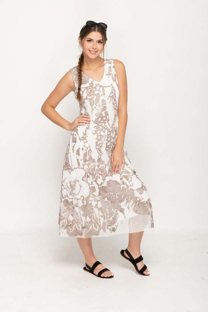 Beige and White Textured Printed Dress