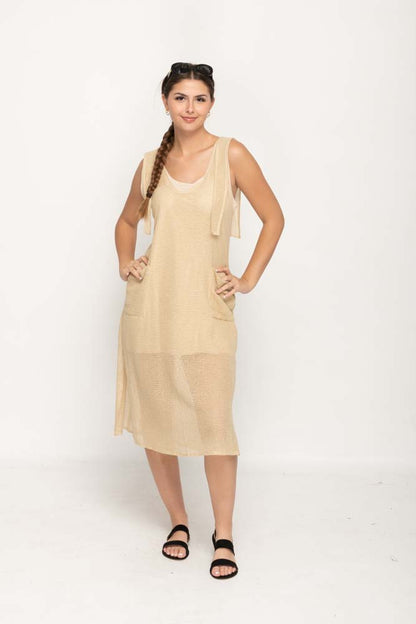 Sleeveless Beige Pocket Dress