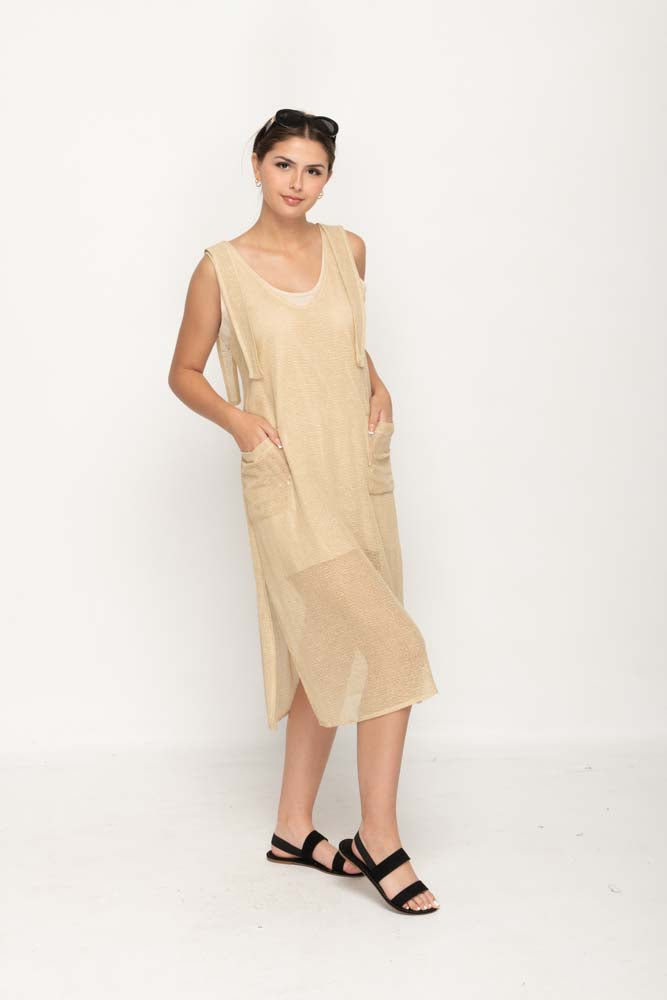 Sleeveless Beige Pocket Dress