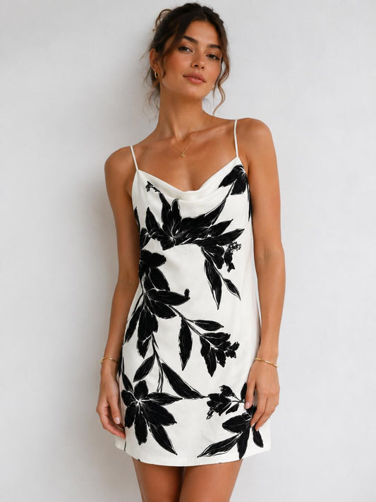 The Noir Bloom Dress - White Satin Cowl Neck Floral Mini
