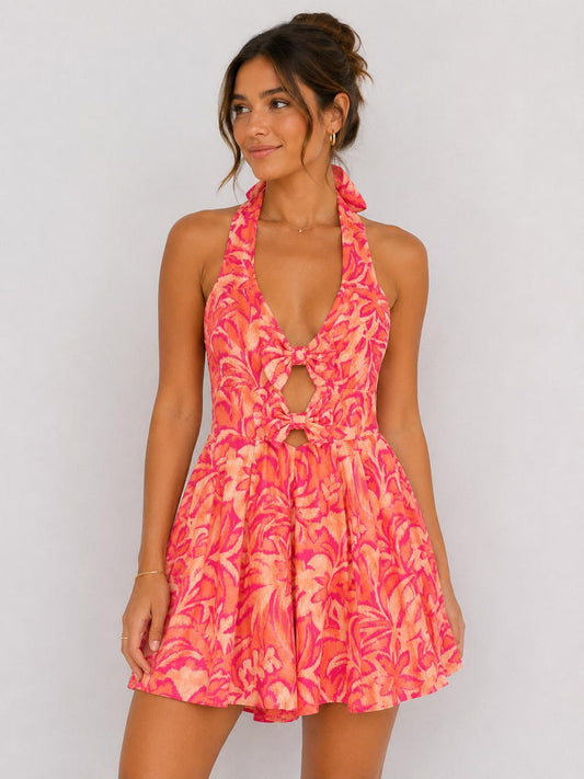 Tropical Sunset Halter Cutout Double-Tie Romper Dress