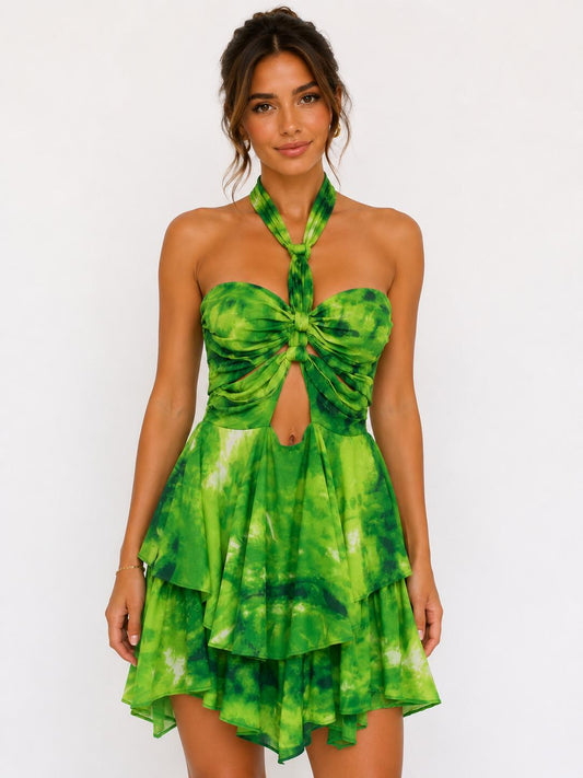 Emerald Tie-Dye Halter Keyhole Tiered Mini Dress