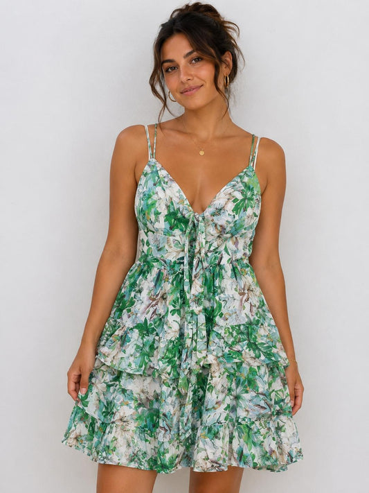 Garden Romance Front-Tie Tiered Ruffle Mini Dress