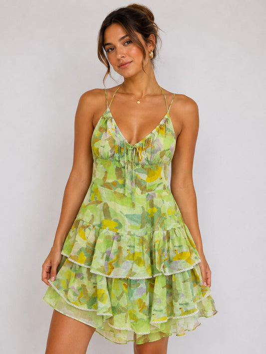 Lime Watercolor Front-Tie Tiered Chiffon Mini Dress