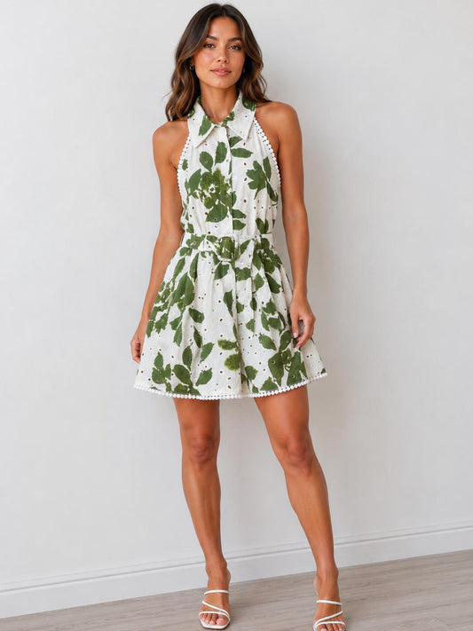 Toscana Halter Collared Belted Eyelet Mini Dress