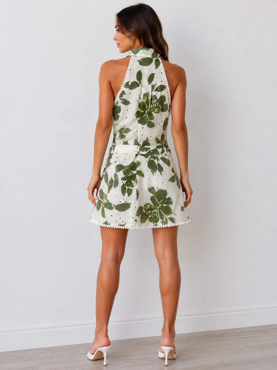 Toscana Halter Collared Belted Eyelet Mini Dress