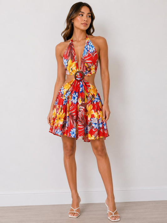 Island Oasis Tropical Plunge Ring-Detail Flare Dress