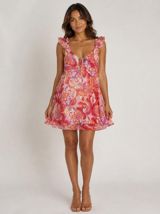 Sunset Solstice Flutter-Sleeve Tie-Front Mini Dress