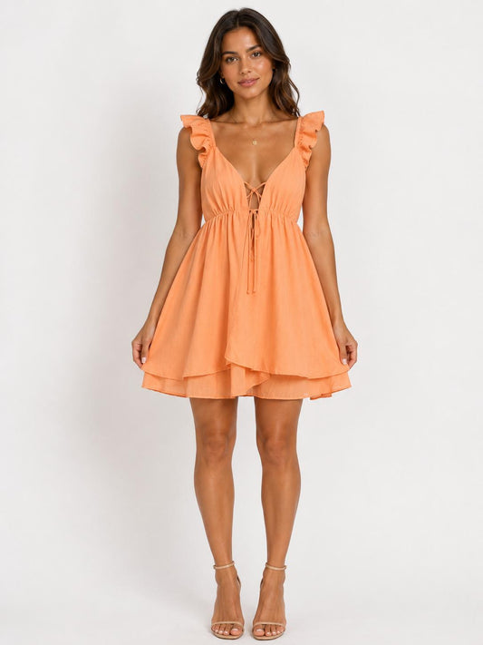 Apricot Nectar Flutter-Sleeve Lace-Up Mini Dress
