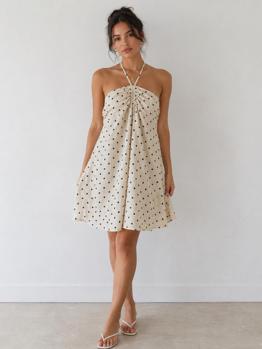 Polka Dot Ruched Halter Trapeze Mini Dress