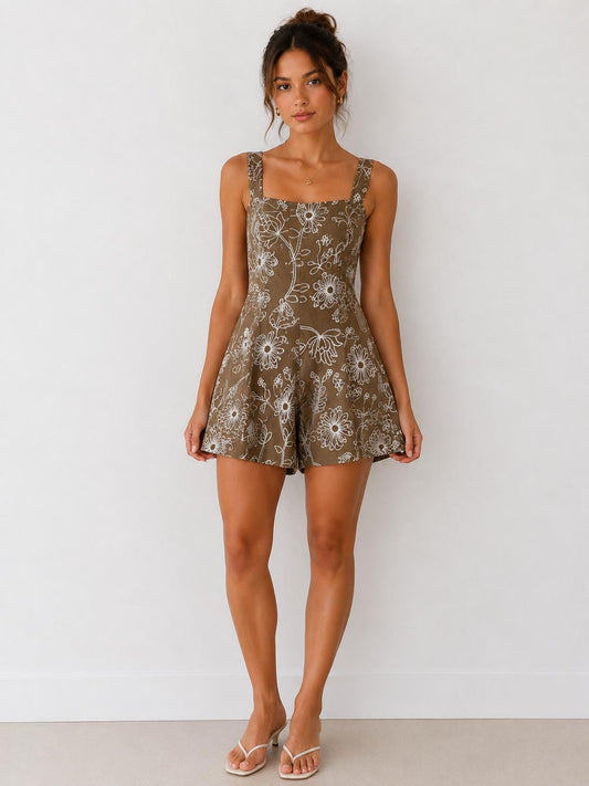 Floral Outline Thick Strap Structured Skort Dress