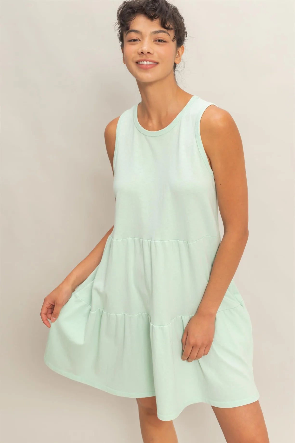 Mint Sleeveless Crewneck Tiered Mini Dress