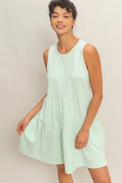 Mint Sleeveless Crewneck Tiered Mini Dress