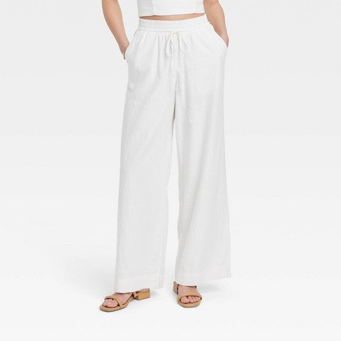 White Drawstring Elastic Waist Wide Leg Pant